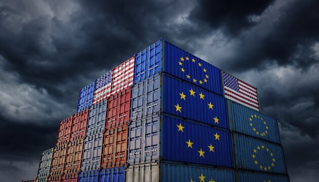 Trade tension stormy container standoff captures dramatic international business conflict, symbolized by stacked cargo containers draped in national flags under dark, threatening skies.
