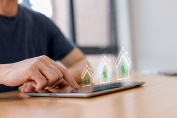 Real estate finance, digital banking, home loan, financial growth and online investment analysis.