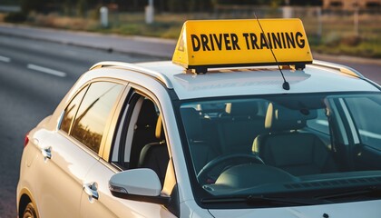 Driver training car yellow sign, empty vehicle parked roadside, safe learning environment, sunlight, practical driving lesson focus and transportation education.