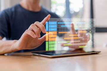 Project management, scheduling, workflow planning, data tracking, productivity analysis and modern business technology concept.Business professional using laptop with virtual project timeline and prog