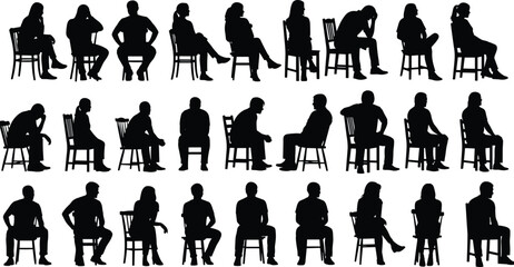 People sitting silhouettes collection on chairs, men and women seated poses, black isolated figures, body language concept, white background © MstAfzalun