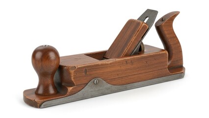 Vintage wooden hand plane with metal blade on a white background