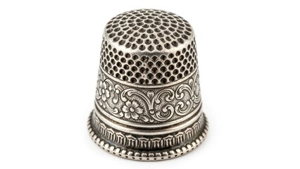 Close-up of an ornate silver thimble on a white background