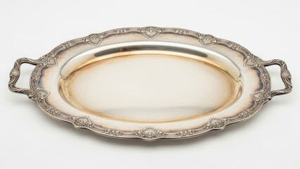 Oval silver serving dish with ornate handles and rim on a white background