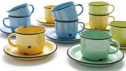 Colorful stack of ceramic tea cups and saucers on white background