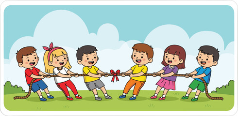 Flat design vector illustration of a group of diverse happy children playing tug of war game in a green park under a blue sky