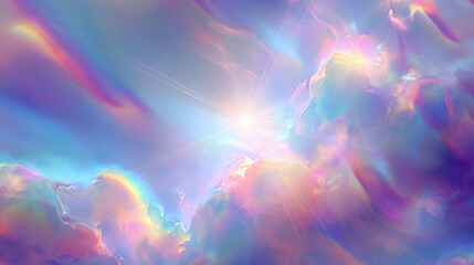Vibrant celestial display of light and ethereal clouds. The image is an explosion of color, with a radiant sun beaming from the center, casting prismatic hues across the sky