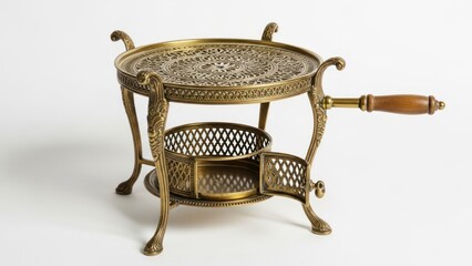 Brass serving tray with wooden handle and intricate design on a white background.
