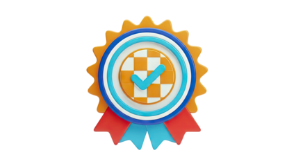 3D Rendered Award Ribbon with Check Mark and Checkered Pattern