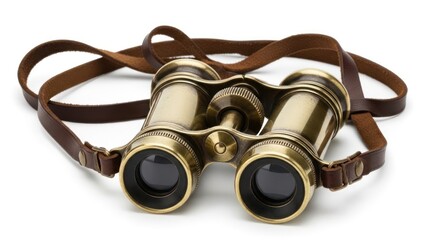 Vintage-style binoculars with brown leather strap on white background