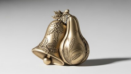 Close-up of a gold-colored metal object with leaf patterns on a plain background.