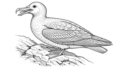 Fototapeta premium Large seabird with long beak standing on rocky surface in detailed sketch