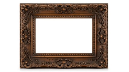 Ornate brown wooden picture frame with intricate carvings on a white background.