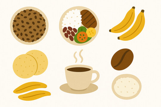 Costa Rican Traditional Food Icon Grid with Local Dishes and Textured Vector Style