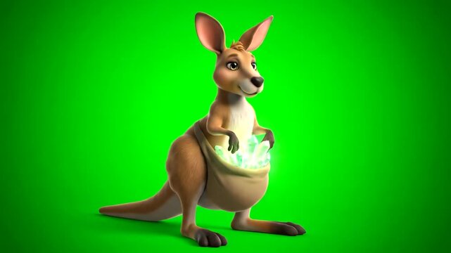 Animated cartoon kangaroo with a pouch and green screen background.