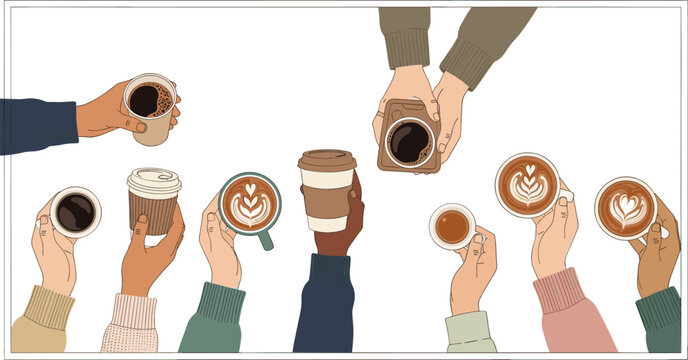Top view of diverse hands holding various coffee cups lattes and espresso for cafe culture and social morning routine concept