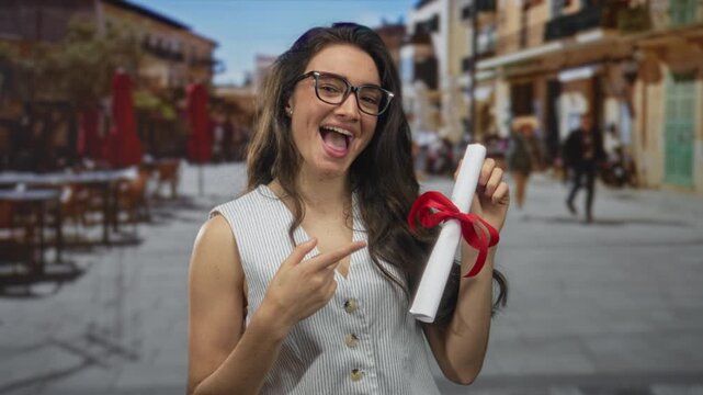 Woman holding rolled diploma tied with red ribbon pointing finger to document on busy city street; pride achievement.