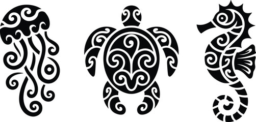 Tribal marine animal illustration featuring jellyfish, turtle, and seahorse in black-and-white Polynesian style, perfect for tattoos, decor, or cultural design. © Hasem Creative