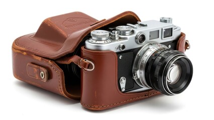 A vintage camera with a leather case on a white background.