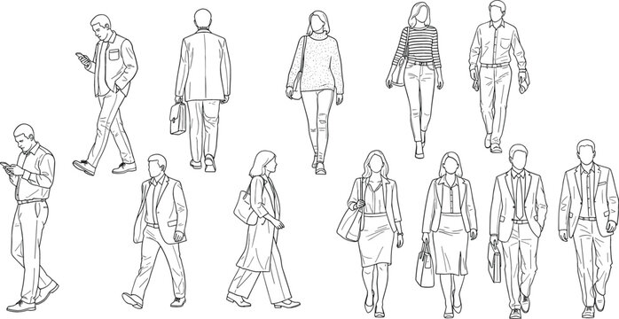 Set of professional diverse people silhouettes walking and standing in line art style for architectural rendering and urban design