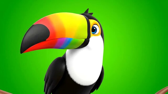 Animated cartoon toucan bird with colorful beak on green background.