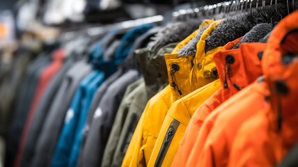 Obraz premium Assorted colorful jackets hanging on a rack in a store, viewed from the side.
