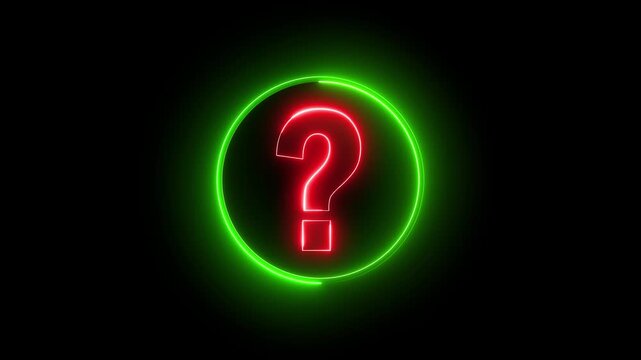 Neon question mark sign icon animation glowing red and green color confusion mark quiz punctuation mark education exam sign sign symbol on black background