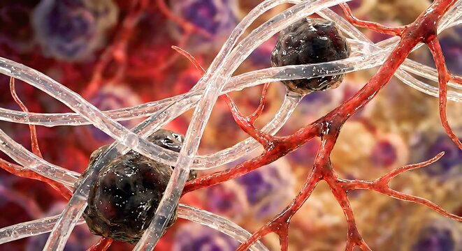 Tumor Cells and Blood Vessels Render, Oncology Concept