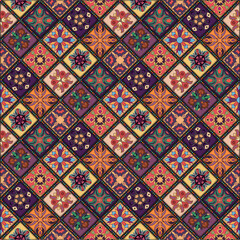 Colorful Geometric Tile Pattern Collection with Ornamental Floral Mandala Designs, Seamless Decorative Mosaic Background