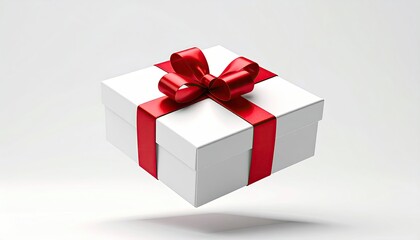 Obraz premium White gift box with red ribbon and bow, levitating