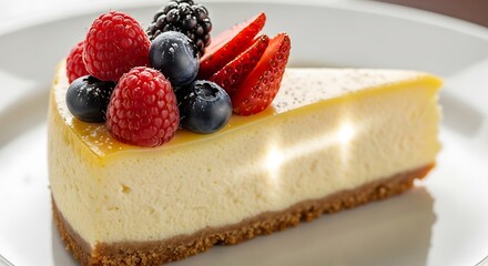 A delightful, creamy cheesecake slice, generously adorned with a vibrant assortment of fresh berries, offering a sweet and satisfying experience for any occasion or special treat moment