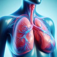 3d rendered illustration of male anatomy - respiratory tract. plain blue background. professional studio lighting. anterior view