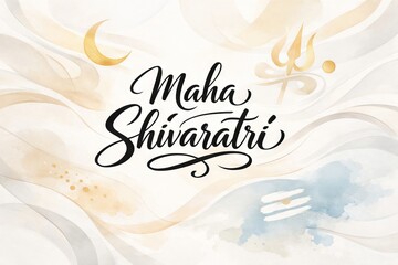 Watercolor maha shivaratri greeting with crescent moon and trident symbols on artistic background. concept of hindu festival, spiritual celebration, religious art, Maha Shivaratri greeting card