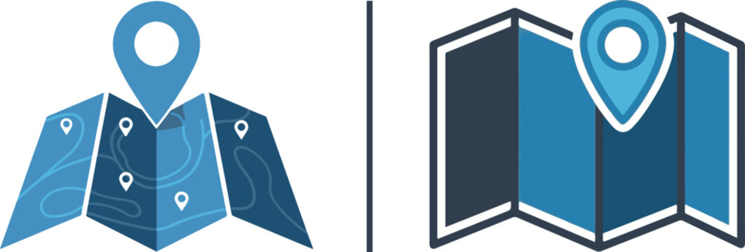 Blue vector icons of folded maps with location pins. The left shows a detailed topographical map with multiple markers, while the right features a simplified bold design.