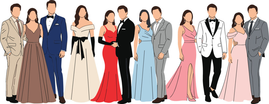 Group of elegant faceless couples wearing luxury evening gowns and tuxedos for gala dinner prom wedding event celebration