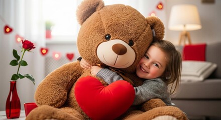 Little girl hugging a large teddy bear with a red heart pillow. Happy child celebrating Valentine Day. Love and friendship concept for greeting card
