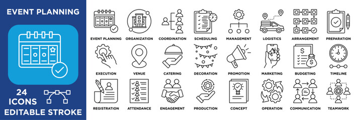 event planning icon set illustrating organization, scheduling, management, logistics, engagement, and teamwork. lineal editable stroke