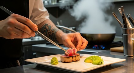 Chef expertly plating sliced tuna steak with avocado garnish and wasabi in modern kitchen. concept of culinary art, gourmet cuisine presentation, professional cooking.