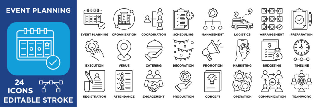 event planning icon set illustrating organization, scheduling, management, logistics, engagement, and teamwork. lineal editable stroke