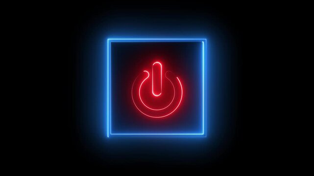 Neon Power button icon animation glowing red and blue color shutdown switch screen turn on off button computer mobile phone startup stop sign closed icon on black background