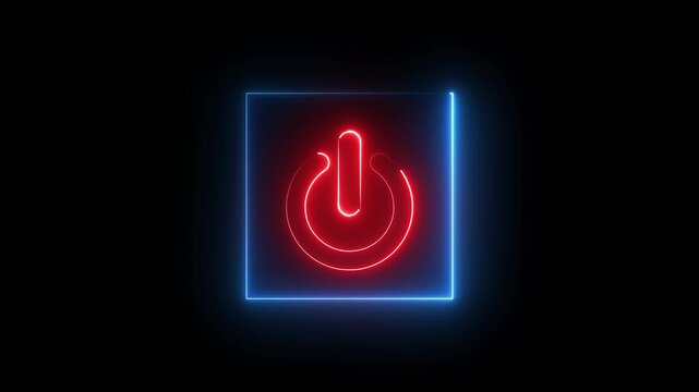 Neon Power button icon animation glowing red and blue color shutdown switch screen turn on off button computer mobile phone startup stop sign closed icon on black background