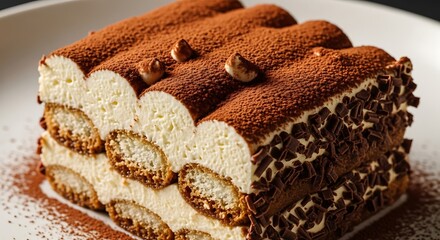 Naklejka premium Delicious Tiramisu Dessert, a Classic Italian Treat with Ladyfingers and Cream, Rich Cocoa Dusting, and Hazelnut Garnish