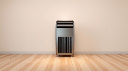 A sleek air conditioner standing alone in a minimalist room with natural light