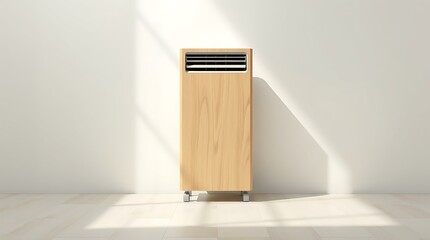 A sleek air conditioner standing alone in a minimalist room with natural light