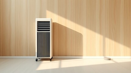 A sleek air conditioner standing alone in a minimalist room with natural light