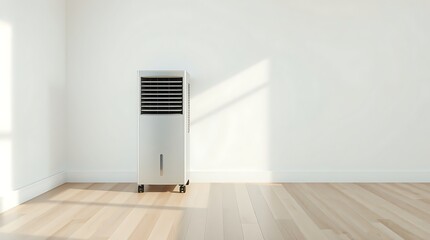 A sleek air conditioner standing alone in a minimalist room with natural light