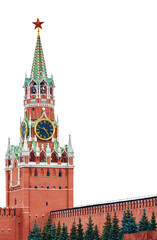 The main clock of the Moscow Kremlin, the Chimes, on Red Square, and the Spasskaya Tower. On an isolated background with a clipping path and no shadows. Close-up. Transparent background. 