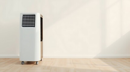 A sleek air conditioner standing alone in a minimalist room with natural light