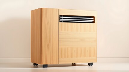 A sleek air conditioner standing alone in a minimalist room with natural light