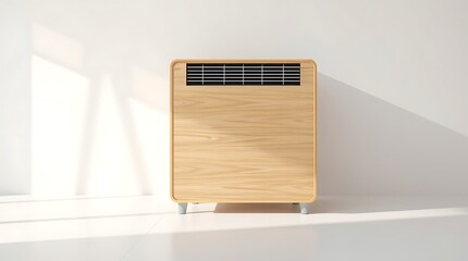 A sleek air conditioner standing alone in a minimalist room with natural light